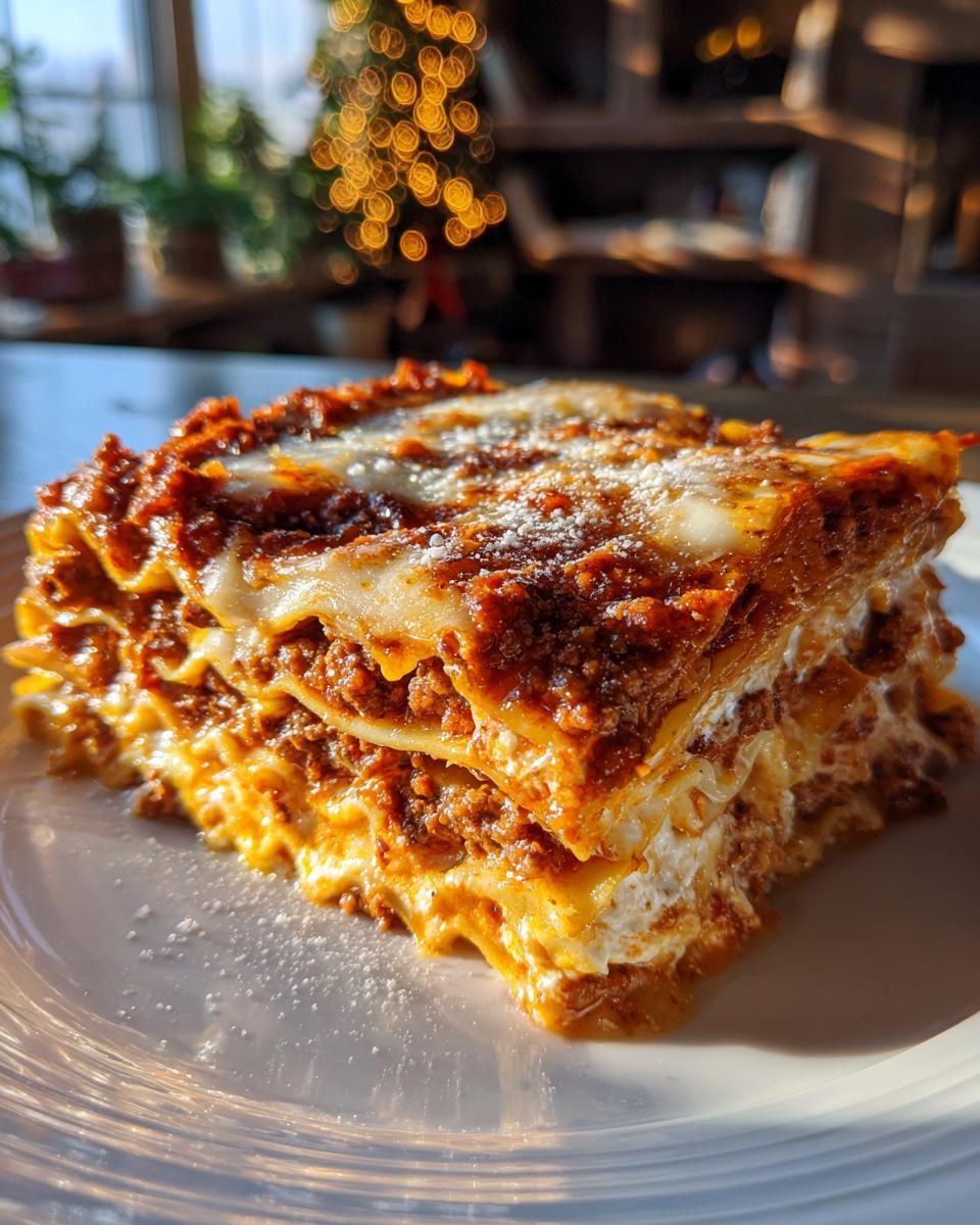 A delicious slice of Lasagna with Cottage Cheese, showcasing layers of pasta, meat sauce, and creamy cottage cheese.