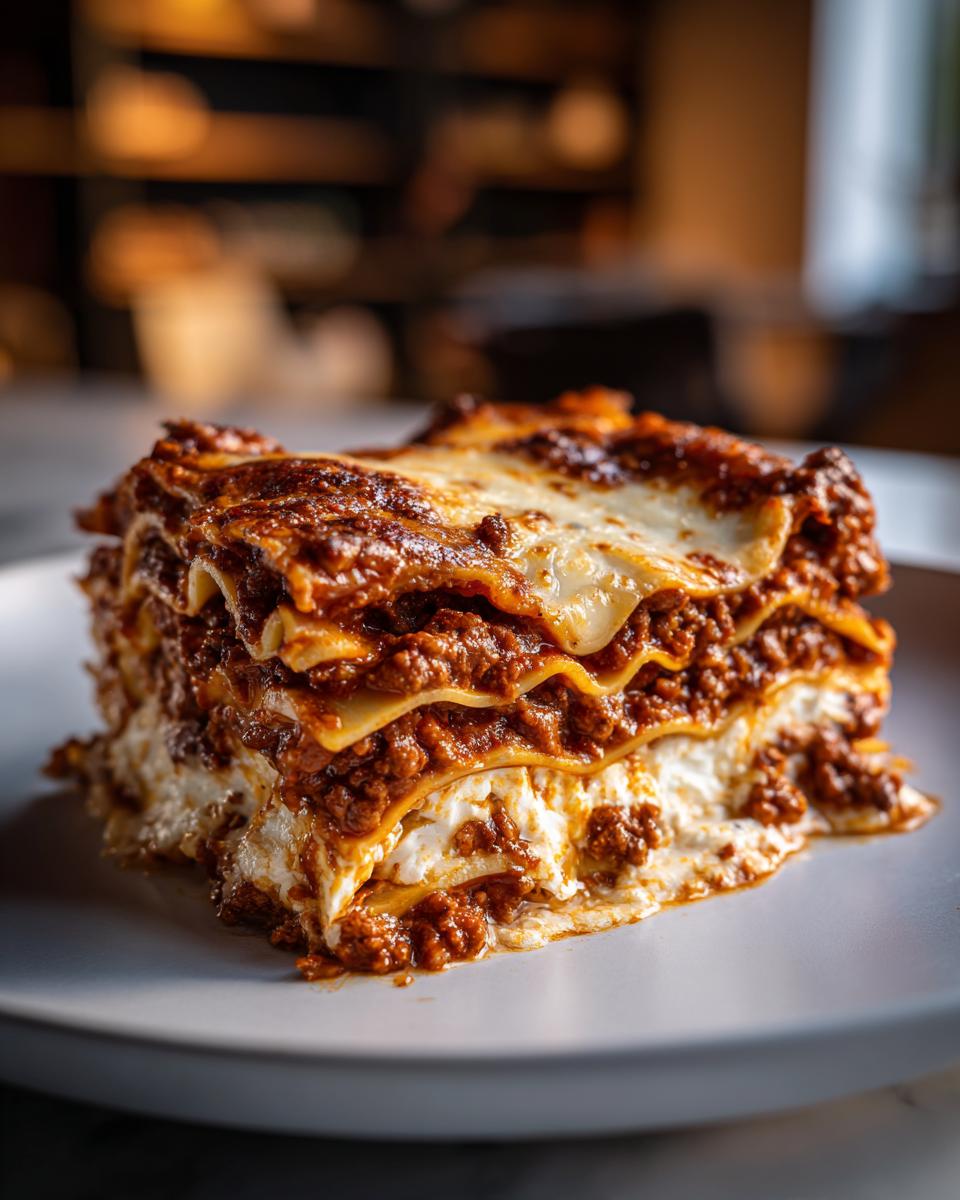A delicious slice of Lasagna with Cottage Cheese, showing layers of pasta, meat sauce, and creamy cottage cheese.