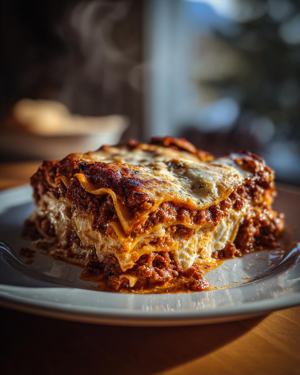 A steaming slice of Lasagna with Cottage Cheese on a white plate, featuring layers of pasta, meat sauce, and cheese.