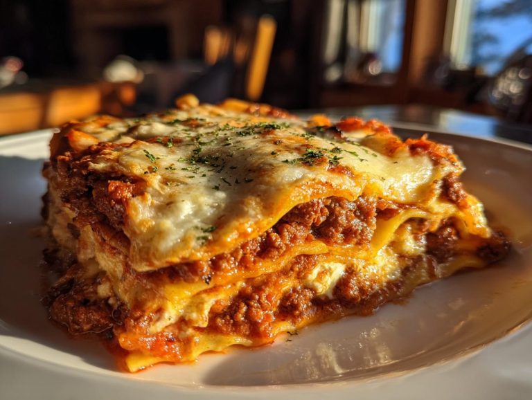 A delicious slice of Lasagna with Cottage Cheese, featuring layers of pasta, meat sauce, and melted cheese.