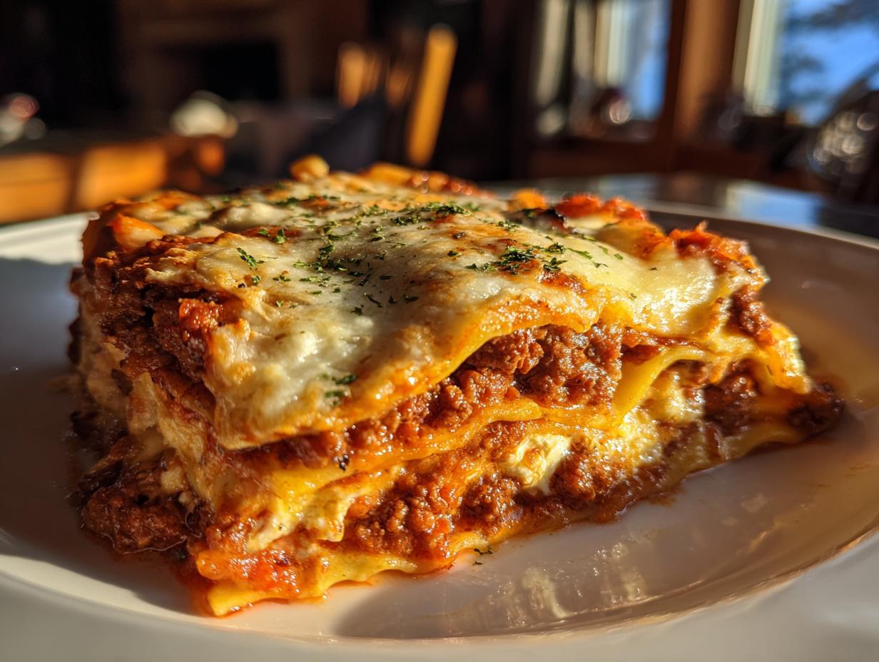 A delicious slice of Lasagna with Cottage Cheese, featuring layers of pasta, meat sauce, and melted cheese.