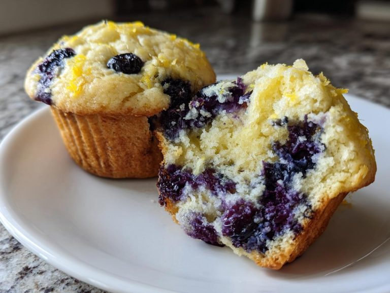 Two lemon blueberry muffins on a white plate, one cut in half to show the blueberries inside.