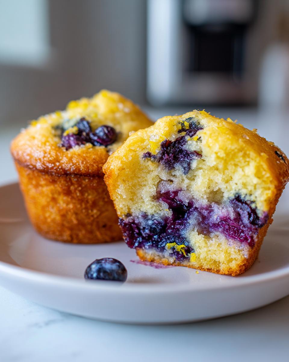 Two lemon blueberry muffins on a plate, one cut open to show the blueberries inside.
