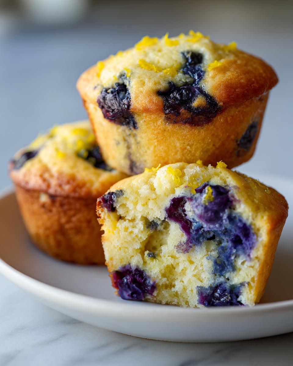 Close-up of lemon blueberry muffins stacked on a plate, one muffin is halved to show the inside.