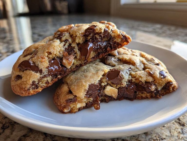 A halved Levain bakery cookies copycat recipe, showcasing the gooey chocolate center and chunky texture.