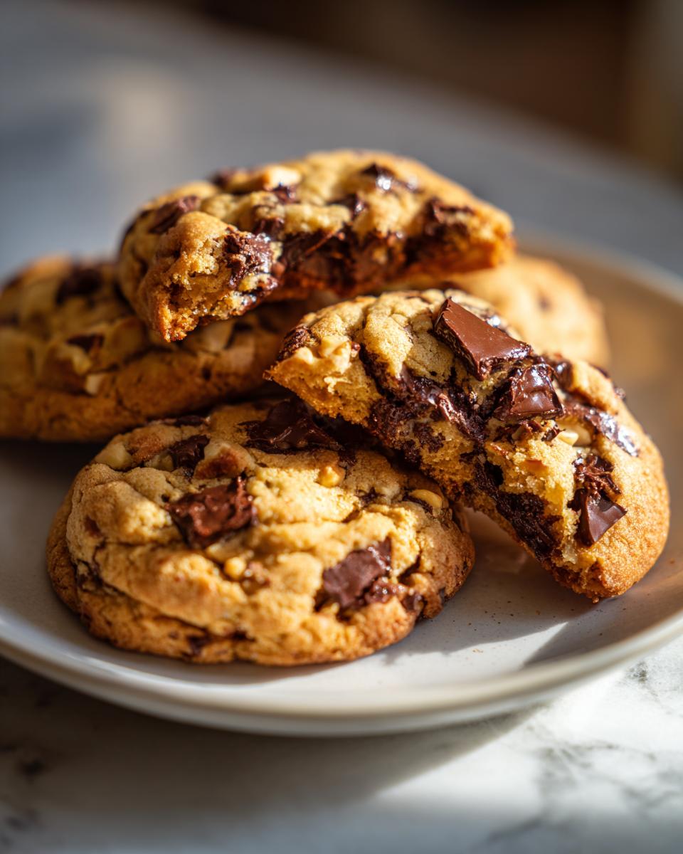 A stack of Levain bakery cookies copycat, one broken in half to show the gooey chocolate inside.