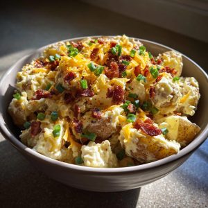 A close-up view of a bowl of loaded potato salad, topped with shredded cheddar cheese, crispy bacon bits, and chopped green onions.
