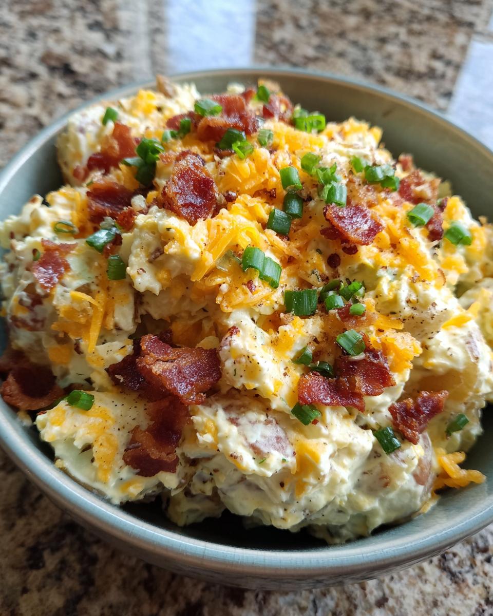 Close-up of a bowl of loaded potato salad topped with crispy bacon, shredded cheddar cheese, and chopped green onions.