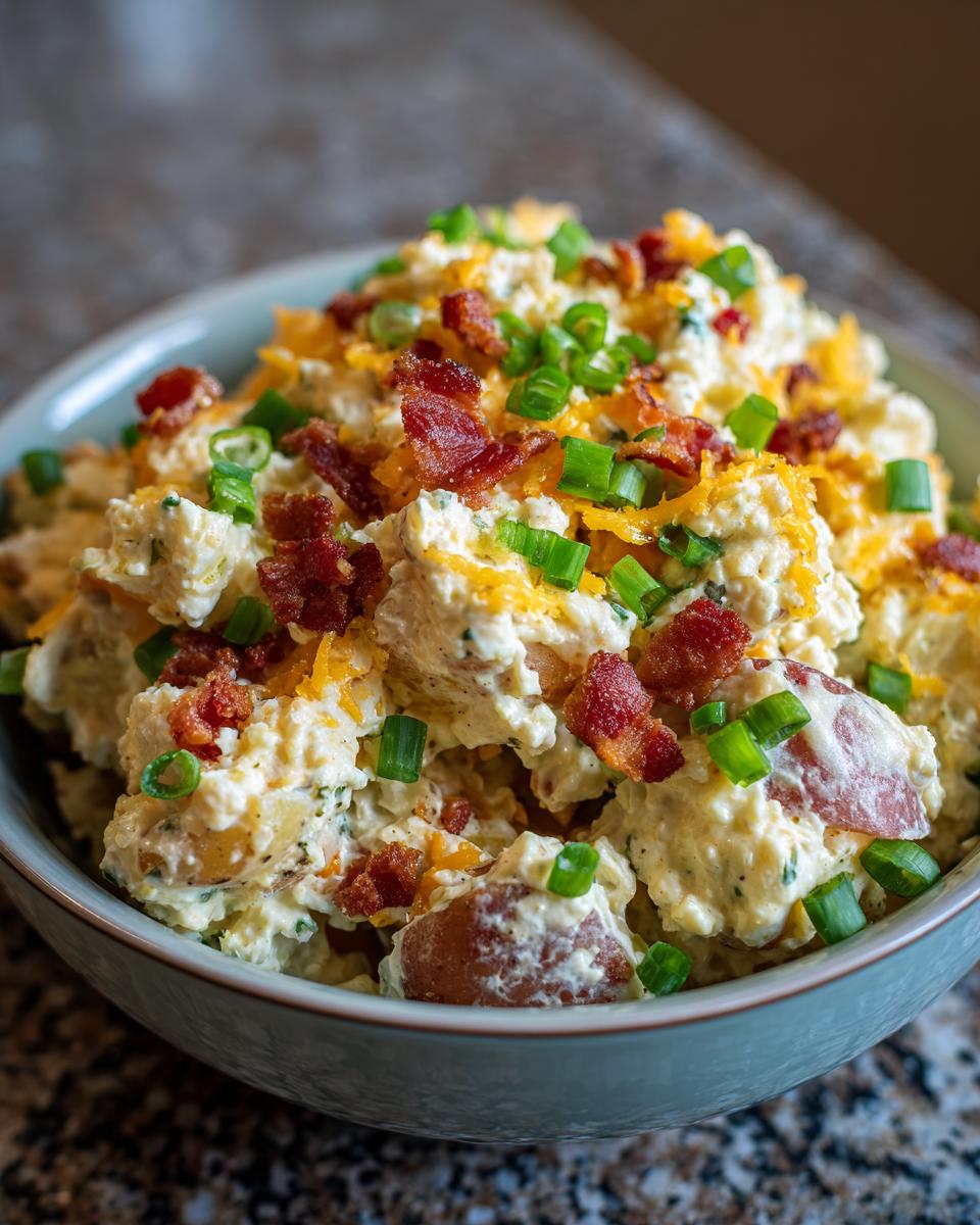 A close-up of a bowl filled with creamy loaded potato salad, topped with crispy bacon bits, shredded cheddar cheese, and chopped green onions.