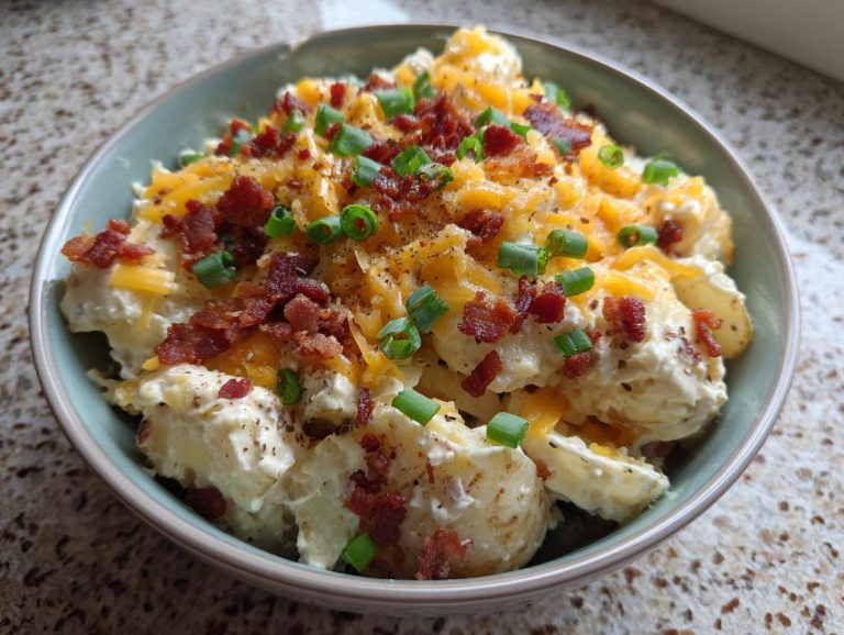 A bowl of creamy loaded potato salad topped with shredded cheddar cheese, crispy bacon bits, and chopped green onions.