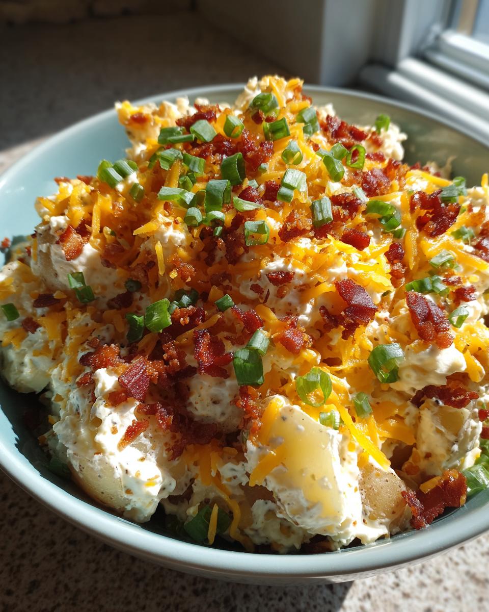 A close-up of a bowl of 3-Ingredient Loaded Potato Salad topped with shredded cheese, bacon bits, and chopped green onions.