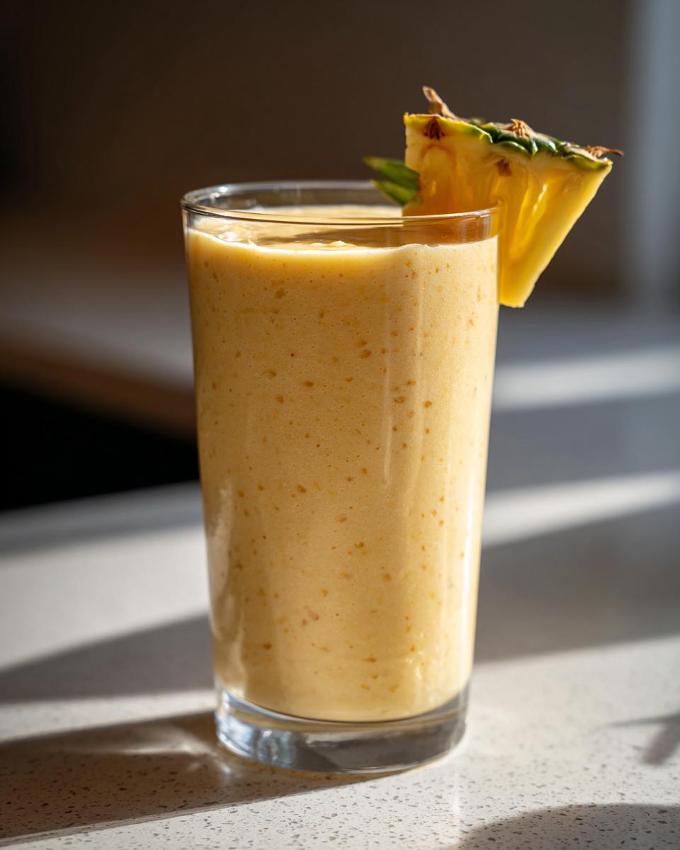 Tall glass filled with a mango pineapple smoothie, garnished with a pineapple wedge.