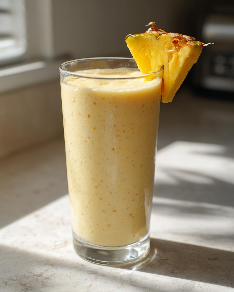 A glass of mango pineapple smoothie garnished with a pineapple wedge on a bright countertop.