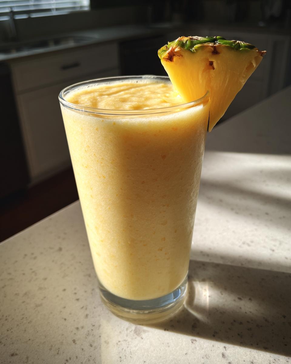 A refreshing mango pineapple smoothie in a glass, garnished with a pineapple wedge.