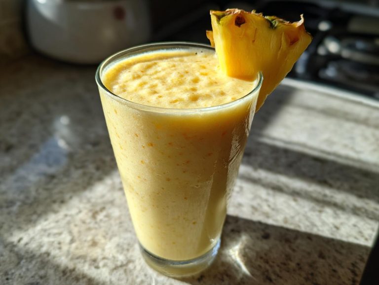 A refreshing mango pineapple smoothie in a glass, garnished with a pineapple wedge.
