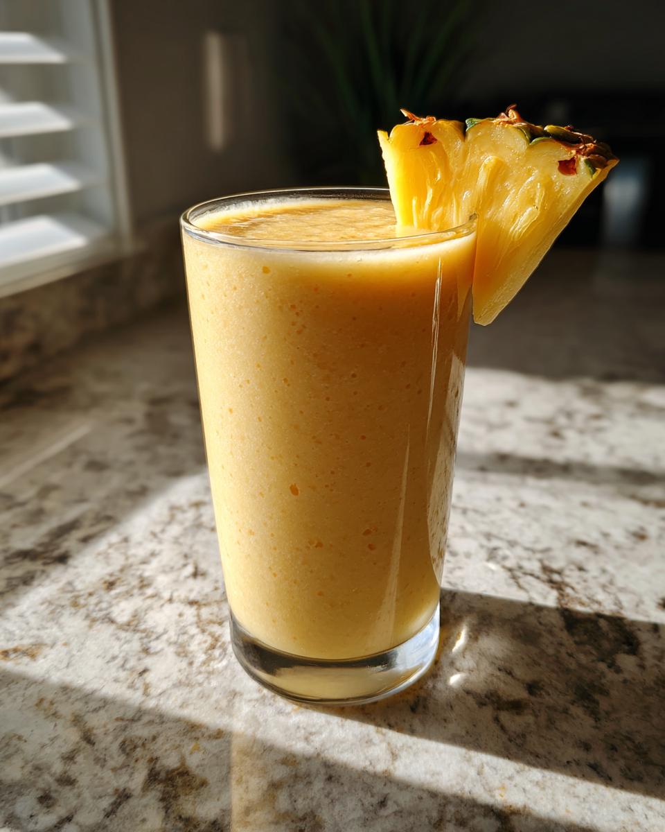 A refreshing mango pineapple smoothie in a glass, garnished with a pineapple wedge.