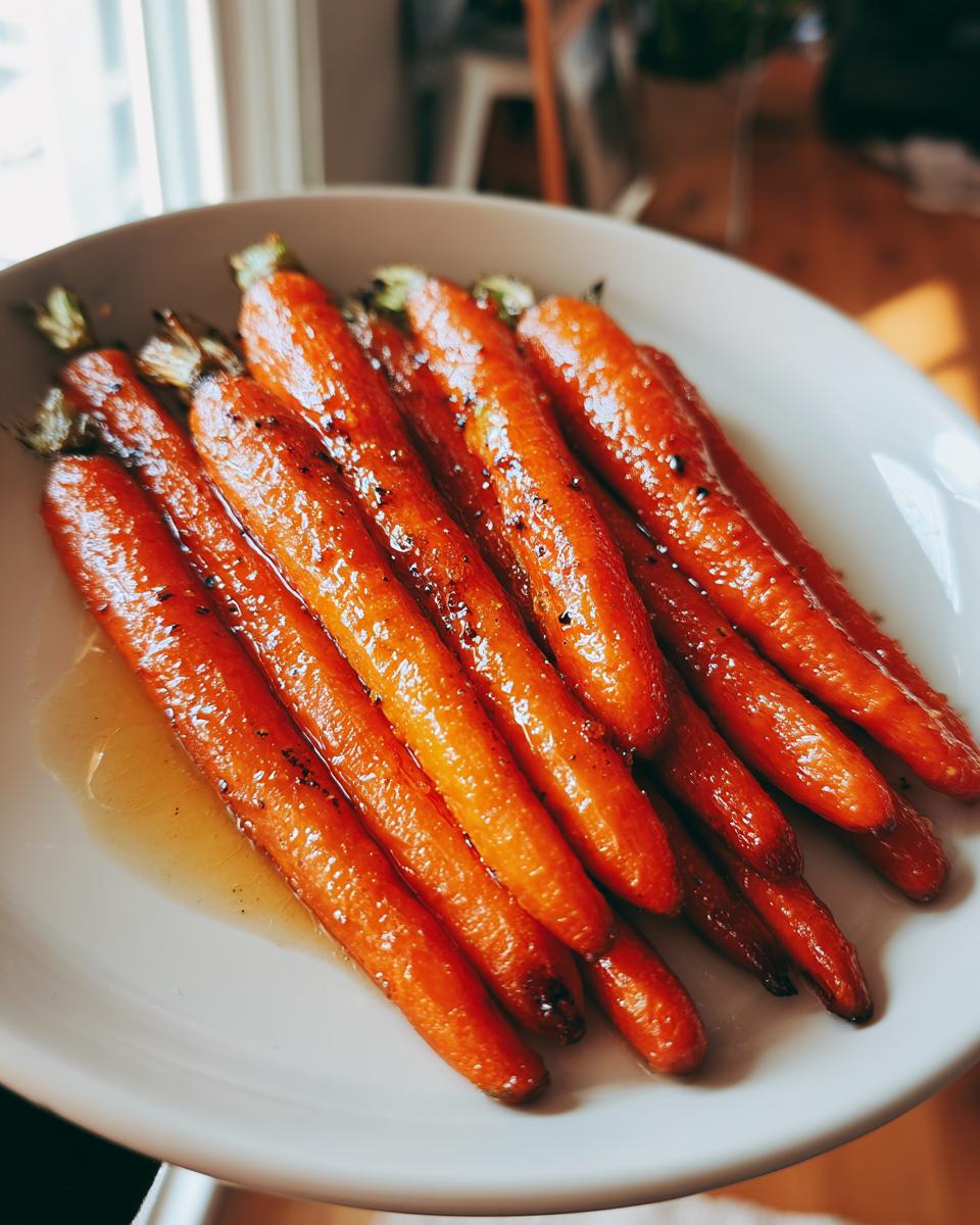 A close-up of tender, bright orange Maple Glazed Carrots glistening in a light syrup, seasoned with black pepper.