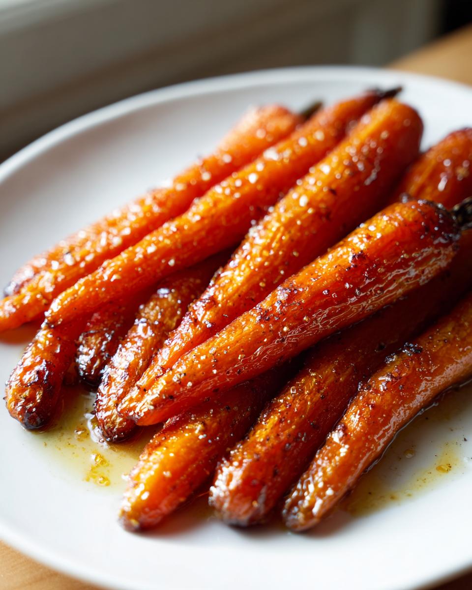 A close-up shot of tender, bright orange Maple Glazed Carrots glistening with a sweet syrup on a white plate.