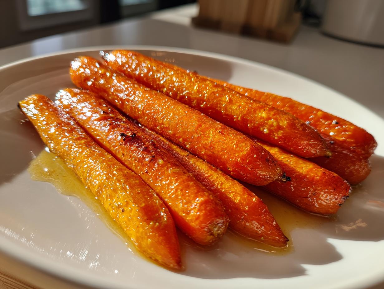 Close-up of tender, bright orange maple glazed carrots glistening with syrup on a white plate.