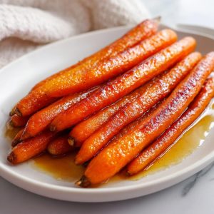 A close-up of tender, whole maple glazed carrots glistening in a sweet syrup on a white plate.