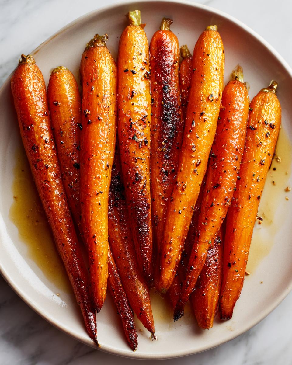 A close-up of tender, whole Maple Glazed Carrots glistening with a sweet glaze and sprinkled with herbs and pepper.