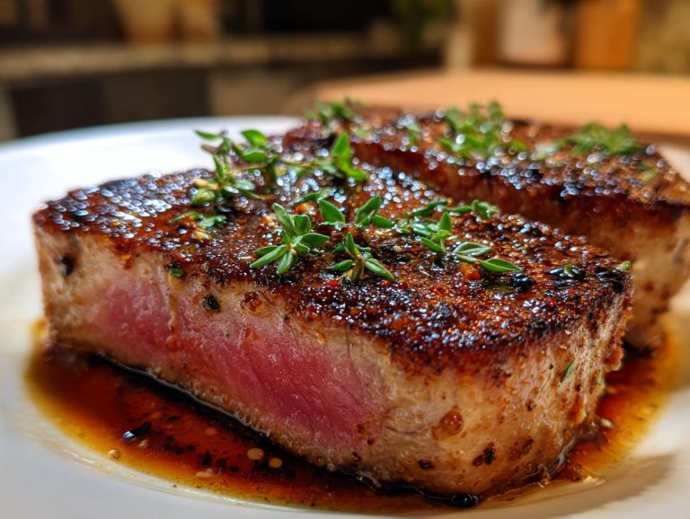 Close-up of two tuna steaks with a delicious MARINADE FOR TUNA STEAK, garnished with fresh herbs.