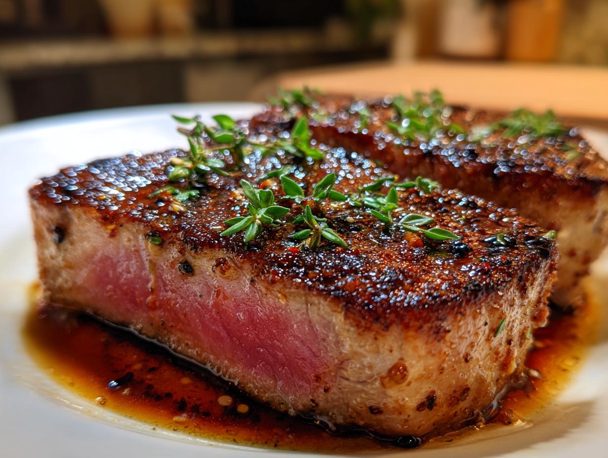Close-up of two tuna steaks with a delicious MARINADE FOR TUNA STEAK, garnished with fresh herbs.