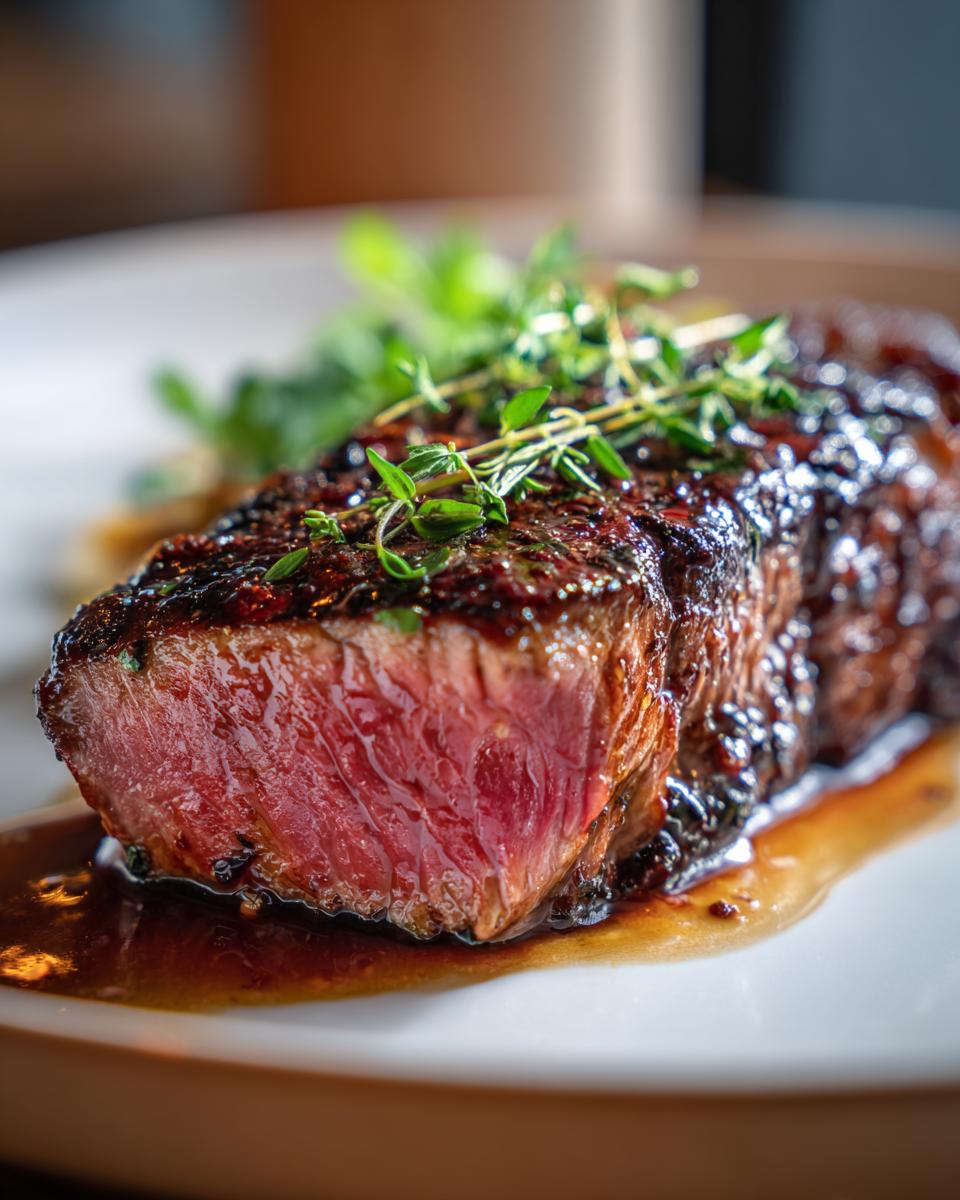 Close-up of a perfectly seared tuna steak with marinade, garnished with fresh herbs.