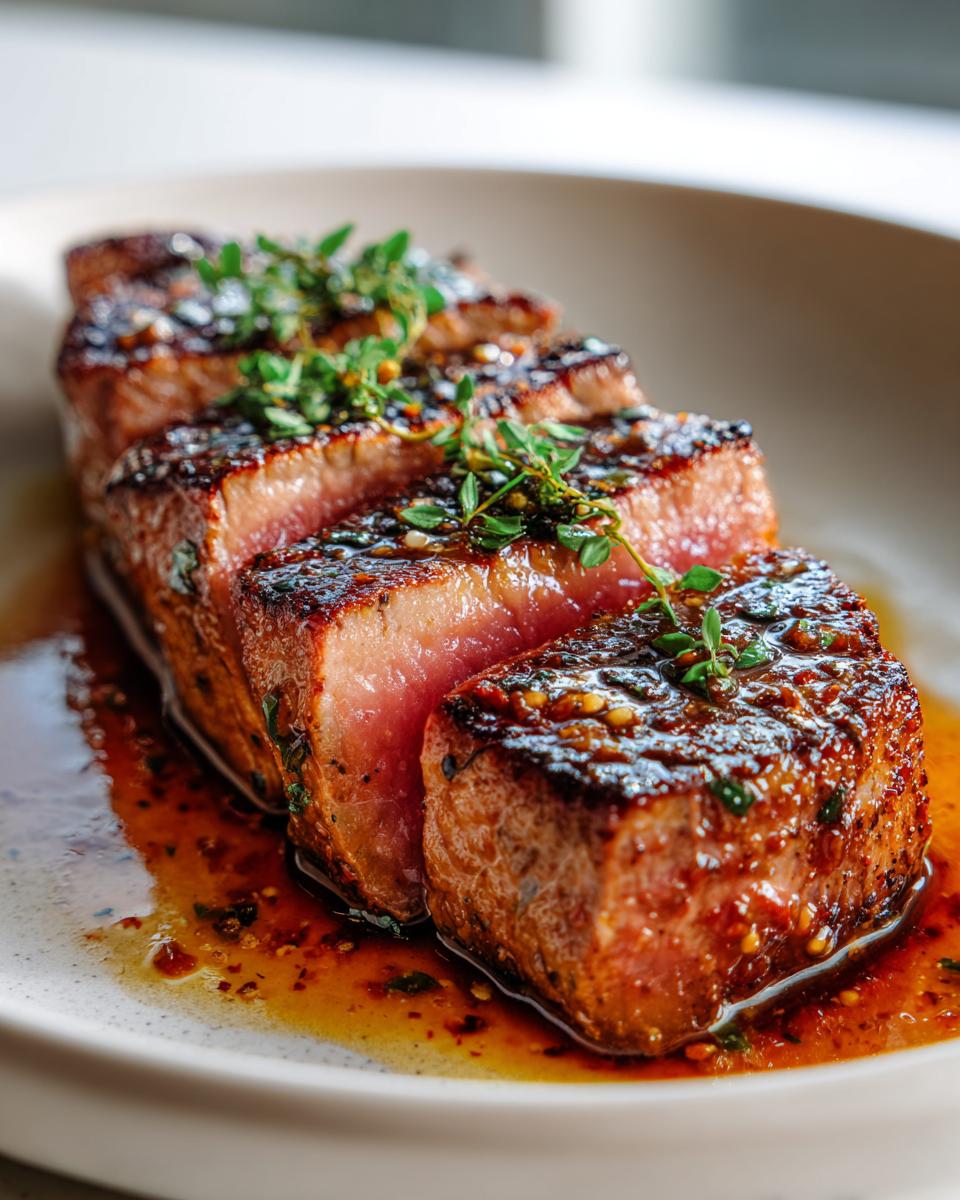 Juicy tuna steak slices with a delicious MARINADE FOR TUNA STEAK, garnished with fresh herbs.