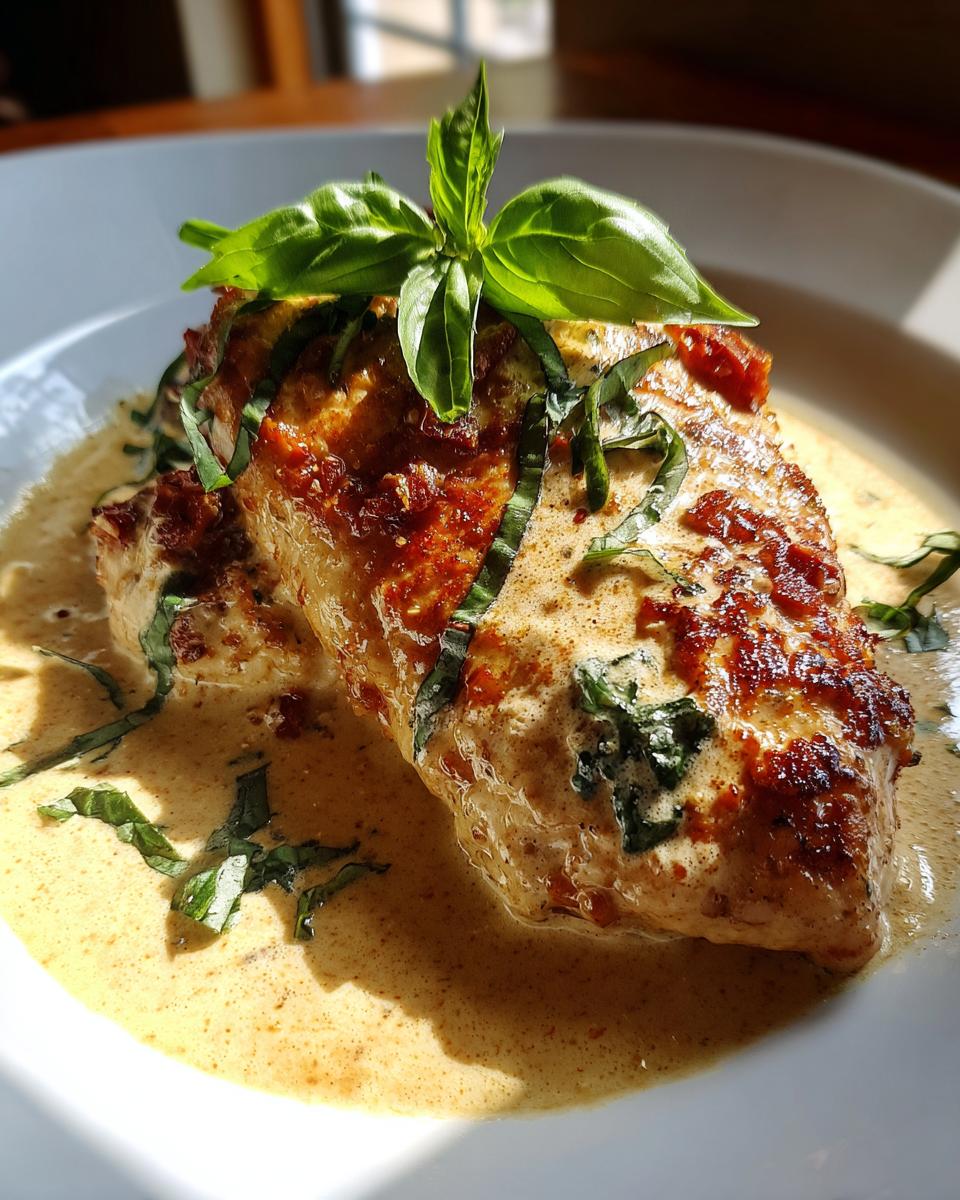 Close-up of Marry Me chicken breast with creamy sauce and fresh basil garnish on a white plate.