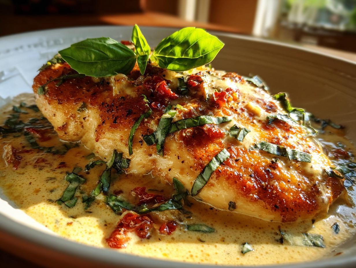 A plate of Marry Me chicken, featuring a creamy sauce, sun-dried tomatoes, and fresh basil.