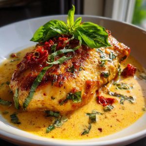 A serving of Marry Me chicken in a creamy sauce, garnished with basil and sun-dried tomatoes.
