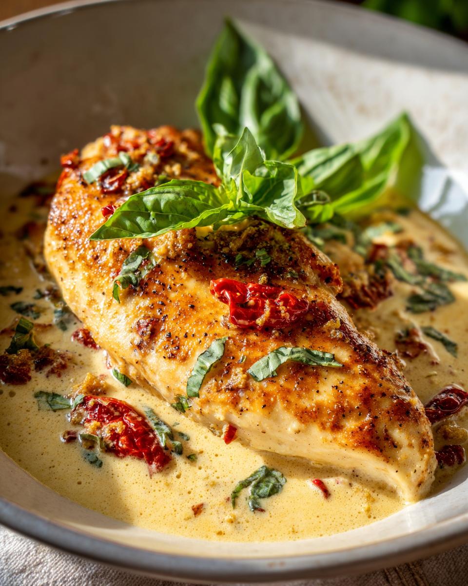 Close-up of Marry Me chicken in a creamy sauce, garnished with sun-dried tomatoes and basil.