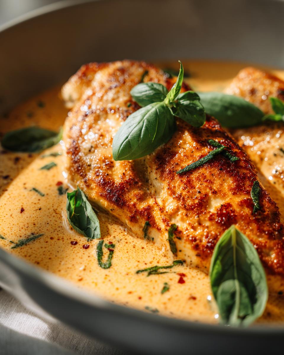 Close-up of Marry Me chicken breasts in a creamy sauce, garnished with fresh basil leaves.