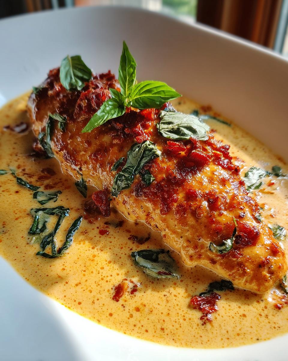 Close-up of Marry Me chicken breast in a creamy tomato sauce, garnished with fresh basil.