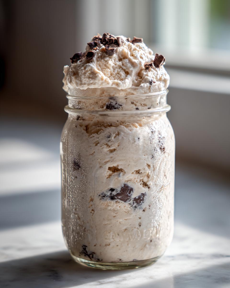 Delicious mason jar ice cream with chocolate chunks, overflowing from the jar and topped with chocolate.