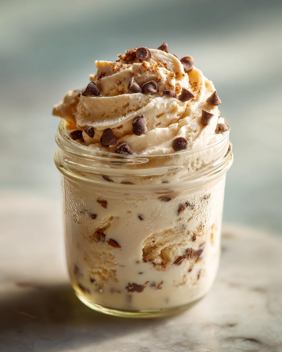 Close-up of creamy Mason jar ice cream topped with chocolate chips, ready to eat.
