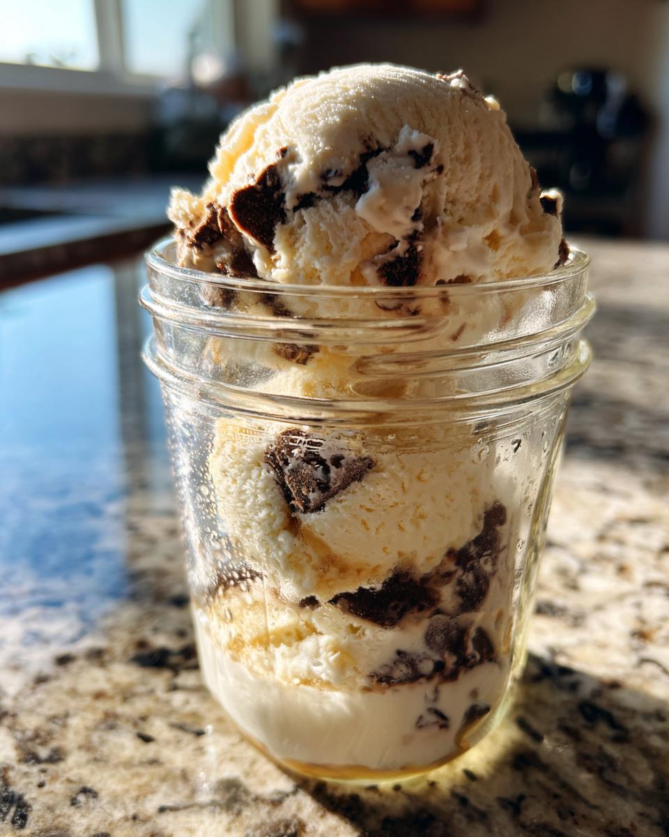 Close-up of creamy Mason jar ice cream with dark chocolate chunks in a clear glass jar.