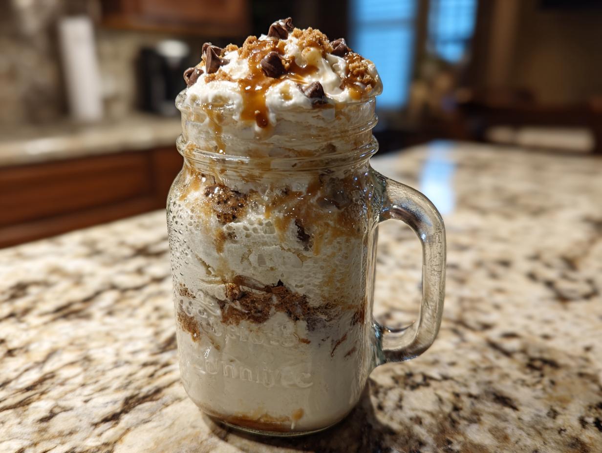 A layered mason jar ice cream dessert with whipped cream, chocolate chips, caramel, and cookie crumbles.