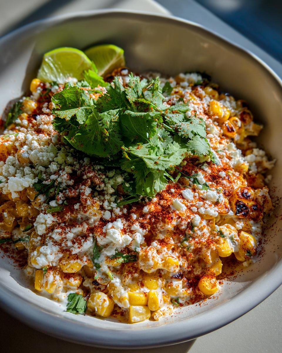 A vibrant bowl of Mexican street corn salad topped with cheese, chili powder, cilantro, and lime wedges.