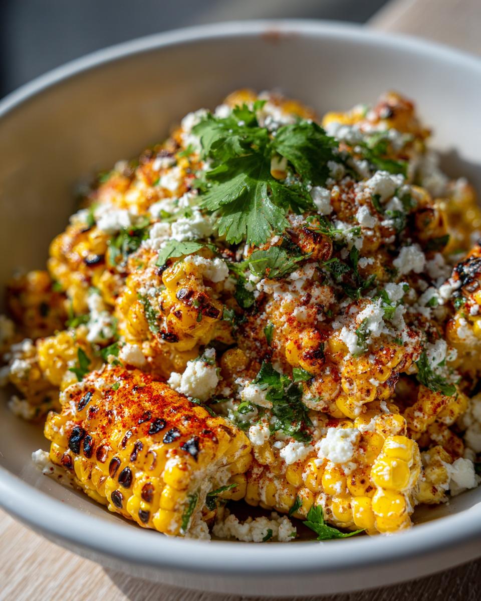 Close-up of Mexican street corn salad in a bowl, topped with cheese, chili powder, and cilantro.