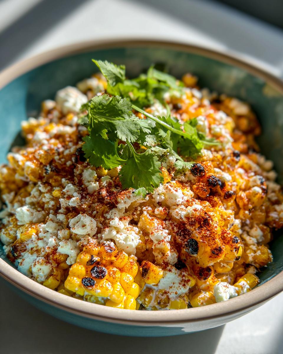 A vibrant bowl of Mexican street corn salad with charred corn, cotija cheese, chili powder, and cilantro.