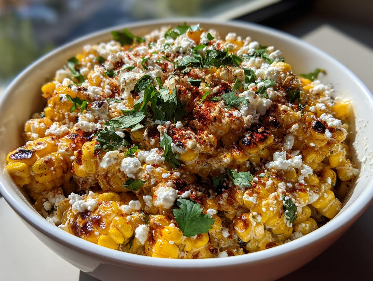 A bowl of vibrant Mexican street corn salad topped with cheese, chili powder, and cilantro.