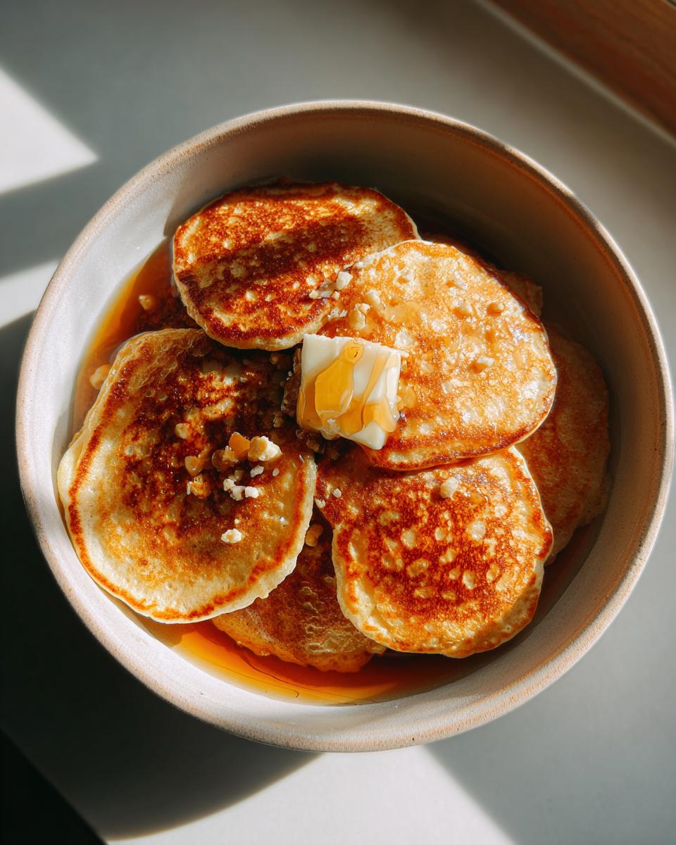A bowl of mini pancake cereal topped with butter and drizzled with syrup.
