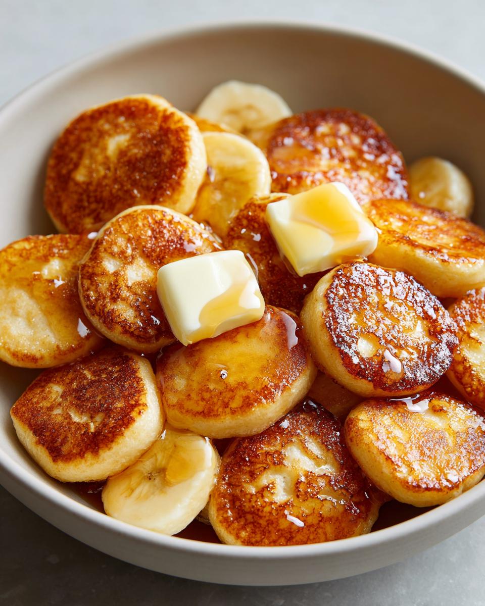 A close-up of a bowl filled with mini pancake cereal, banana slices, butter, and syrup.