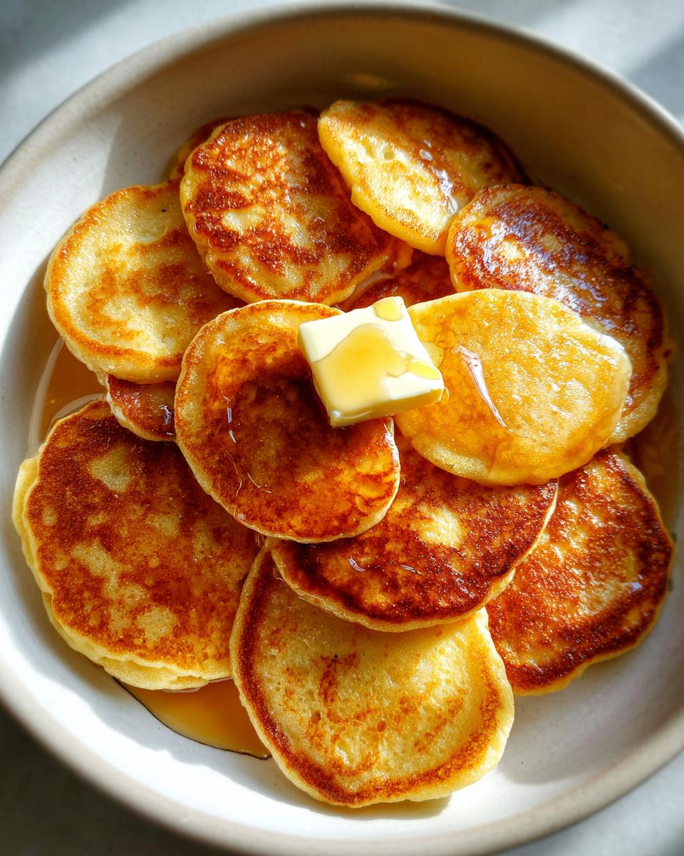 A bowl filled with golden brown mini pancake cereal, topped with a pat of butter and drizzled with syrup.