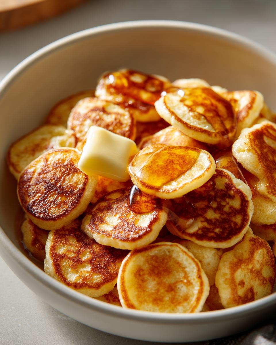 A bowl overflowing with mini pancake cereal, topped with a pat of butter and drizzled with golden syrup.