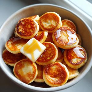A close-up of a bowl filled with mini pancake cereal, topped with a square of butter drizzled with syrup.