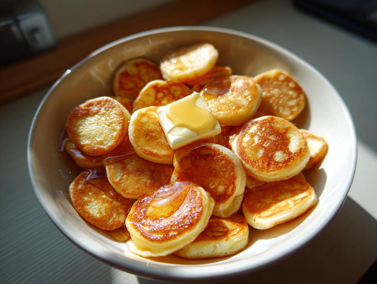 A bowl filled with golden-brown mini pancake cereal, topped with a pat of butter and drizzled with syrup.