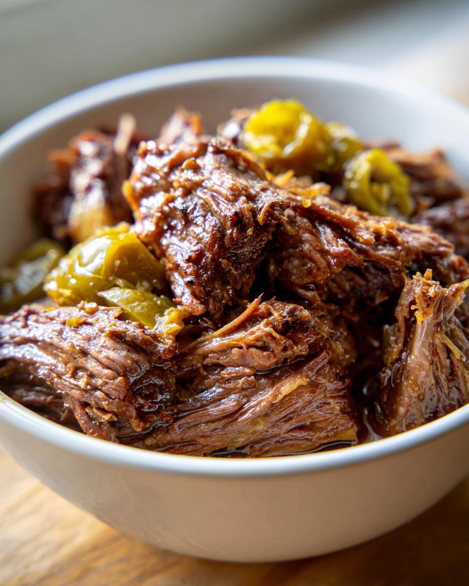 A close-up of shredded Mississippi Pot Roast in a white bowl, with green peppers mixed in.